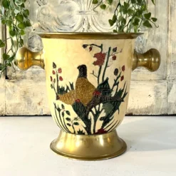Seau à glace Cloisonné, vintage français en émail pêche avec motif floral de faisan.