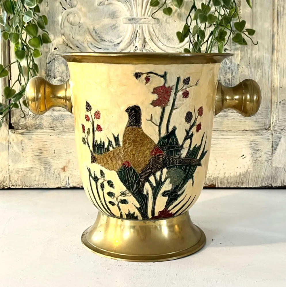 Seau à glace Cloisonné, vintage français en émail pêche avec motif floral de faisan.
