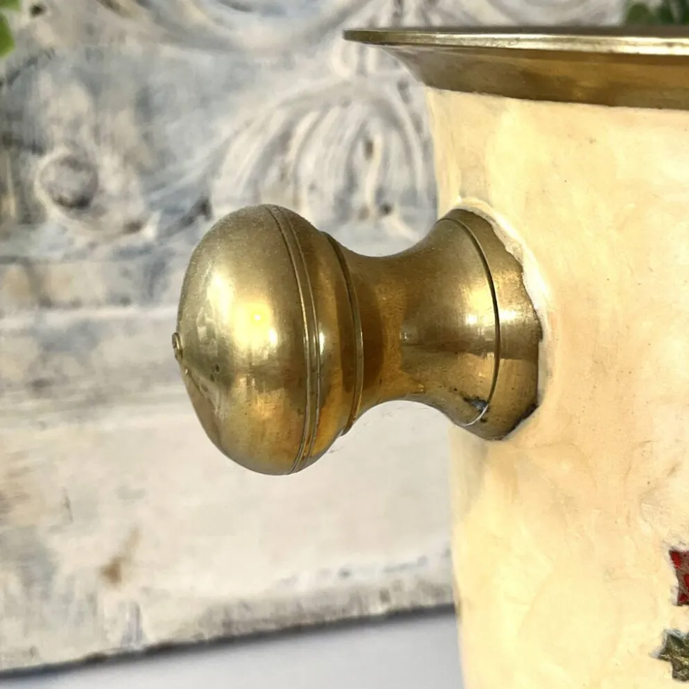 Seau à glace Cloisonné, vintage français en émail pêche avec motif floral de faisan.