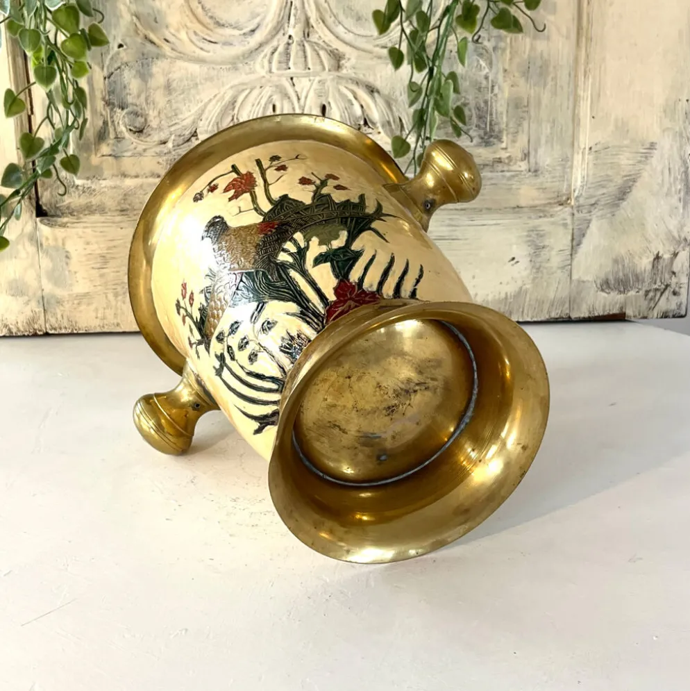 Seau à glace Cloisonné, vintage français en émail pêche avec motif floral de faisan.