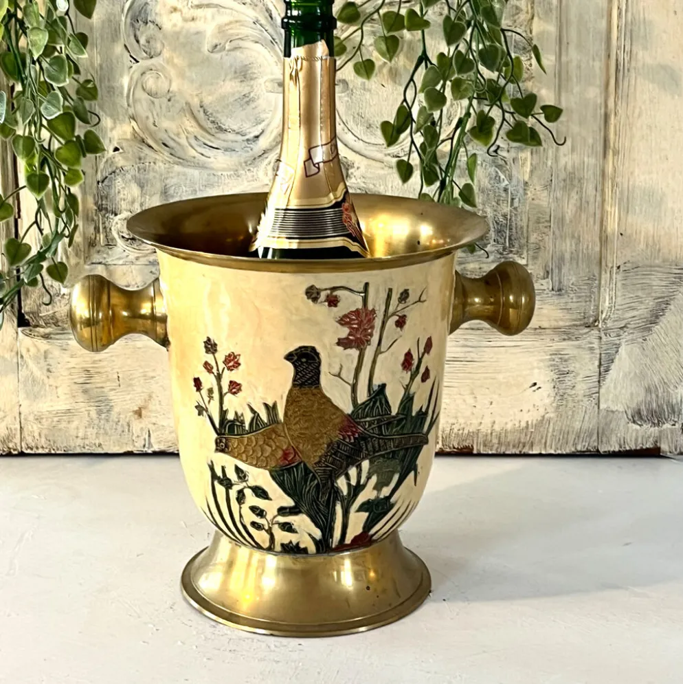 Seau à glace Cloisonné, vintage français en émail pêche avec motif floral de faisan.