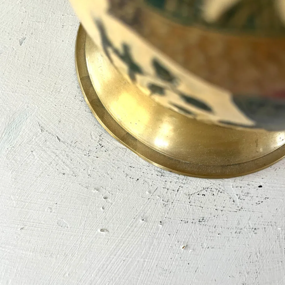 Seau à glace Cloisonné, vintage français en émail pêche avec motif floral de faisan.