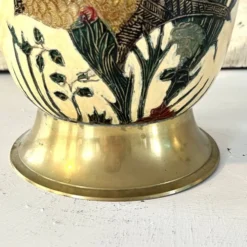 Seau à glace Cloisonné, vintage français en émail pêche avec motif floral de faisan.