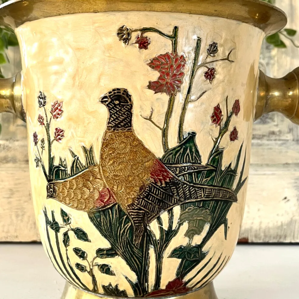 Seau à glace Cloisonné, vintage français en émail pêche avec motif floral de faisan.