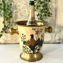 Seau à glace Cloisonné, vintage français en émail pêche avec motif floral de faisan.