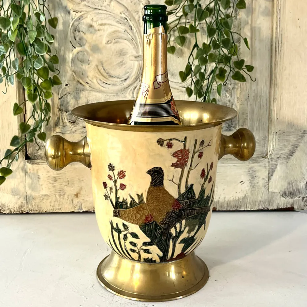 Seau à glace Cloisonné, vintage français en émail pêche avec motif floral de faisan.