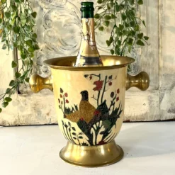 Seau à glace Cloisonné, vintage français en émail pêche avec motif floral de faisan.