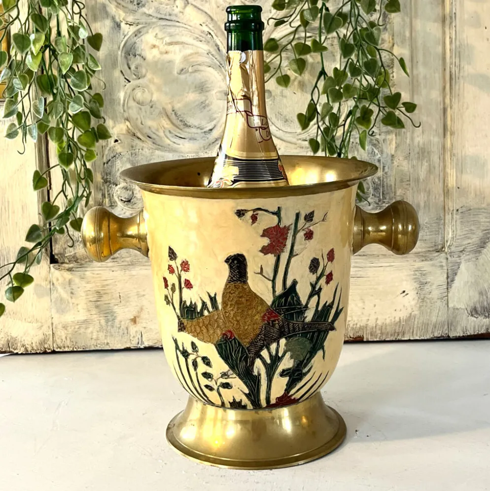 Seau à glace Cloisonné, vintage français en émail pêche avec motif floral de faisan.