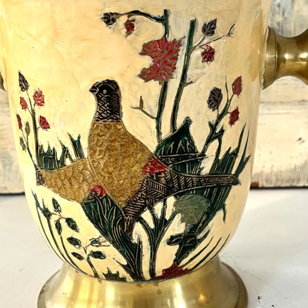 Seau à glace Cloisonné, vintage français en émail pêche avec motif floral de faisan.