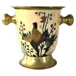 Seau à glace Cloisonné, vintage français en émail pêche avec motif floral de faisan.