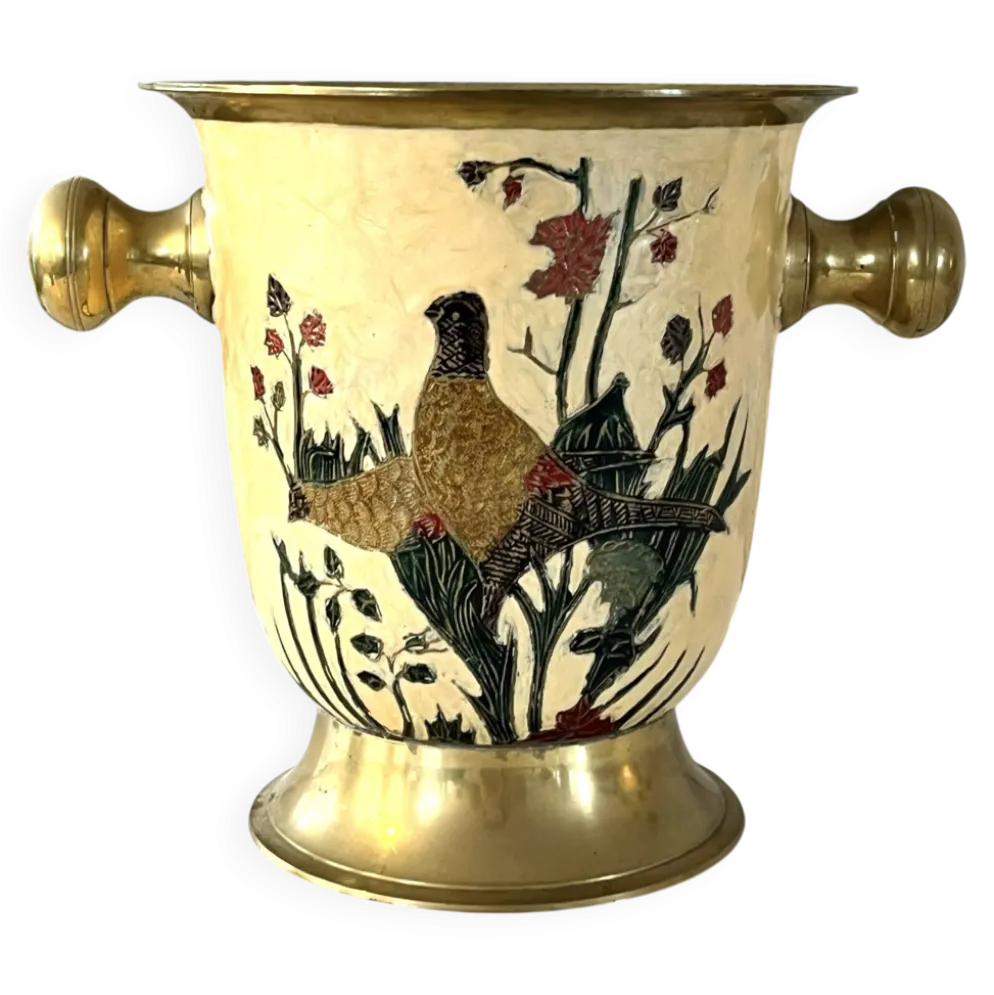 Seau à glace Cloisonné, vintage français en émail pêche avec motif floral de faisan.