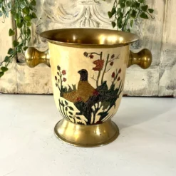 Seau à glace Cloisonné, vintage français en émail pêche avec motif floral de faisan.