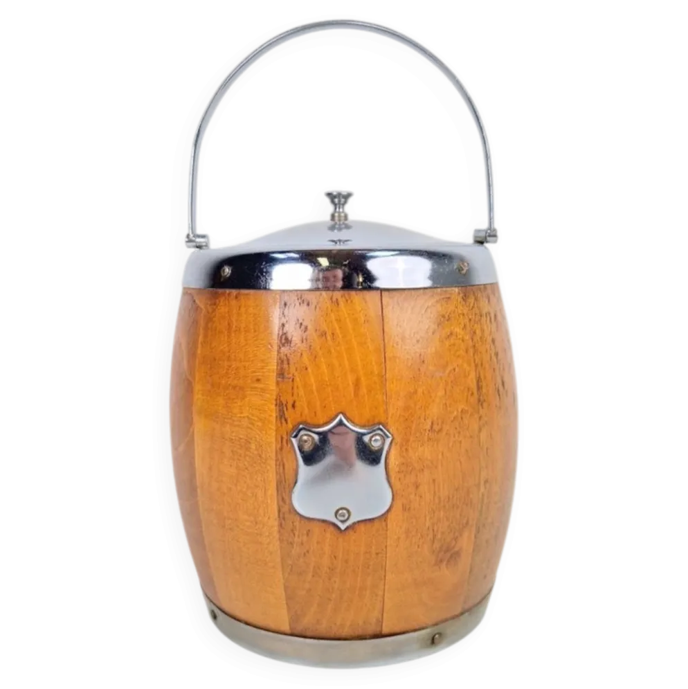Seau à glace en bois vintage avec intérieur en céramique, années 1960