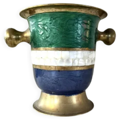 Seau à glace en cloisonné français, barware vintage en incrustation de coquillage émaillé.