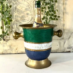 Seau à glace en cloisonné français, barware vintage en incrustation de coquillage émaillé.