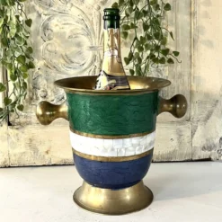 Seau à glace en cloisonné français, barware vintage en incrustation de coquillage émaillé.