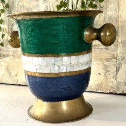 Seau à glace en cloisonné français, barware vintage en incrustation de coquillage émaillé.