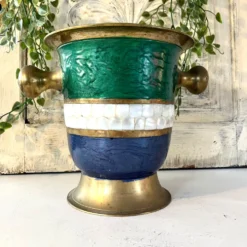 Seau à glace en cloisonné français, barware vintage en incrustation de coquillage émaillé.