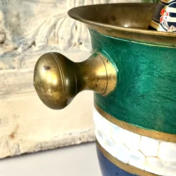 Seau à glace en cloisonné français, barware vintage en incrustation de coquillage émaillé.