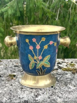 Seau à glace en laiton cloisonné, refroidisseur à champagne floral en émail bleu