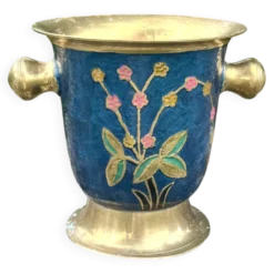 Seau à glace en laiton cloisonné, refroidisseur à champagne floral en émail bleu