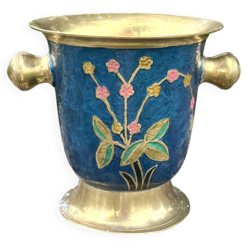 Seau à glace en laiton cloisonné, refroidisseur à champagne floral en émail bleu