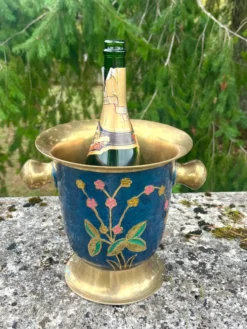 Seau à glace en laiton cloisonné, refroidisseur à champagne floral en émail bleu