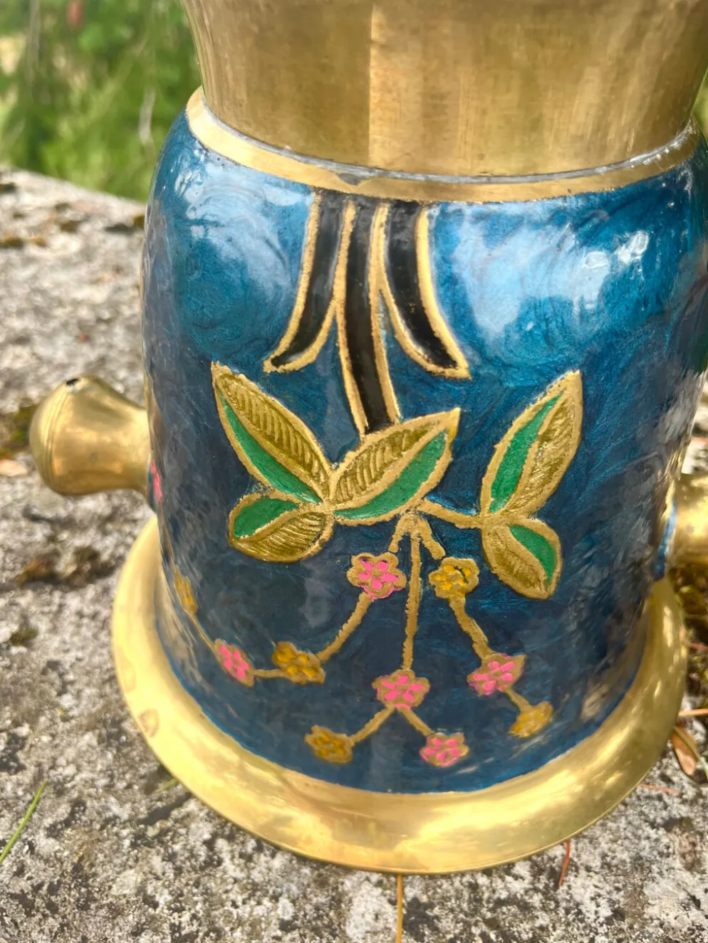 Seau à glace en laiton cloisonné, refroidisseur à champagne floral en émail bleu