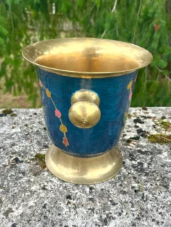Seau à glace en laiton cloisonné, refroidisseur à champagne floral en émail bleu