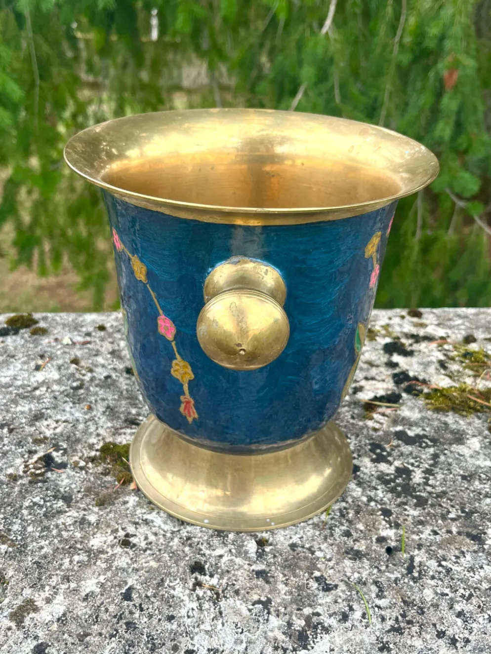 Seau à glace en laiton cloisonné, refroidisseur à champagne floral en émail bleu