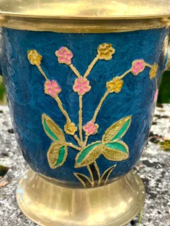 Seau à glace en laiton cloisonné, refroidisseur à champagne floral en émail bleu