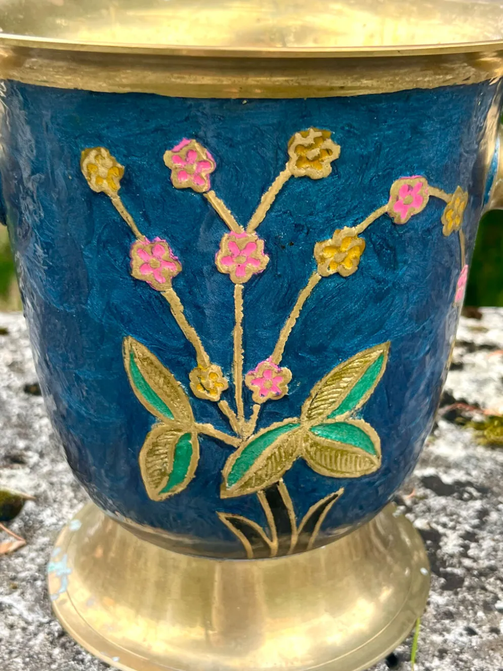 Seau à glace en laiton cloisonné, refroidisseur à champagne floral en émail bleu