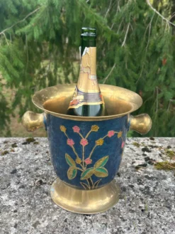 Seau à glace en laiton cloisonné, refroidisseur à champagne floral en émail bleu