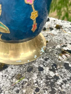 Seau à glace en laiton cloisonné, refroidisseur à champagne floral en émail bleu
