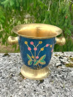 Seau à glace en laiton cloisonné, refroidisseur à champagne floral en émail bleu