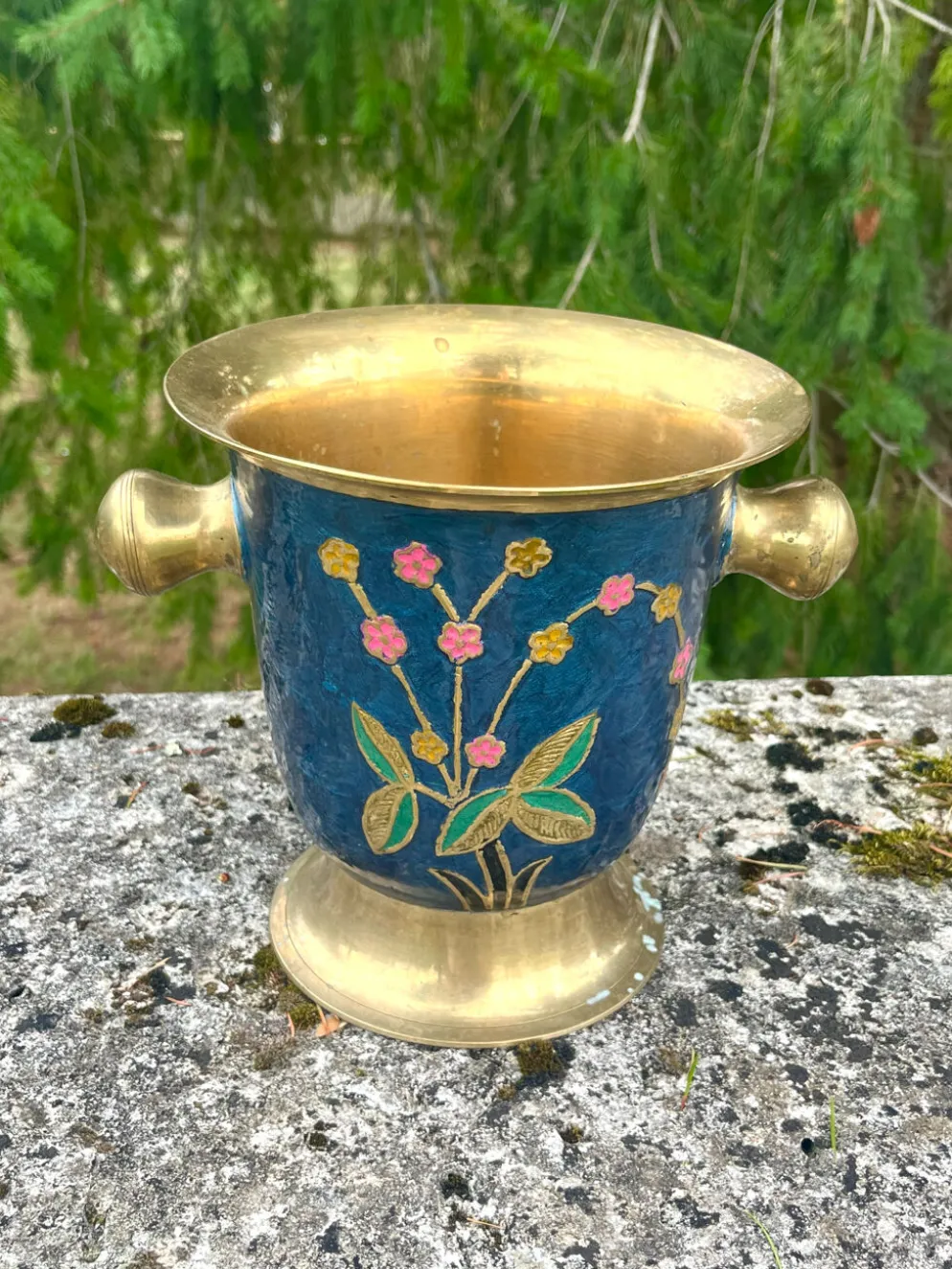 Seau à glace en laiton cloisonné, refroidisseur à champagne floral en émail bleu