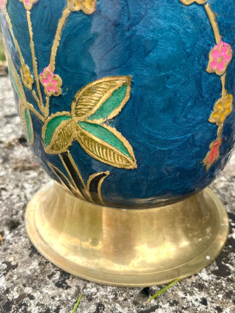 Seau à glace en laiton cloisonné, refroidisseur à champagne floral en émail bleu