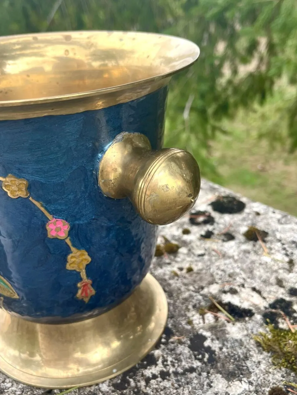 Seau à glace en laiton cloisonné, refroidisseur à champagne floral en émail bleu