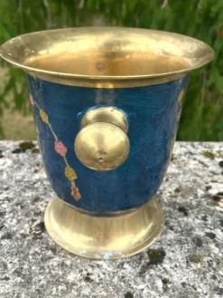 Seau à glace en laiton cloisonné, refroidisseur à champagne floral en émail bleu