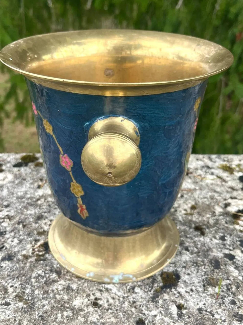 Seau à glace en laiton cloisonné, refroidisseur à champagne floral en émail bleu
