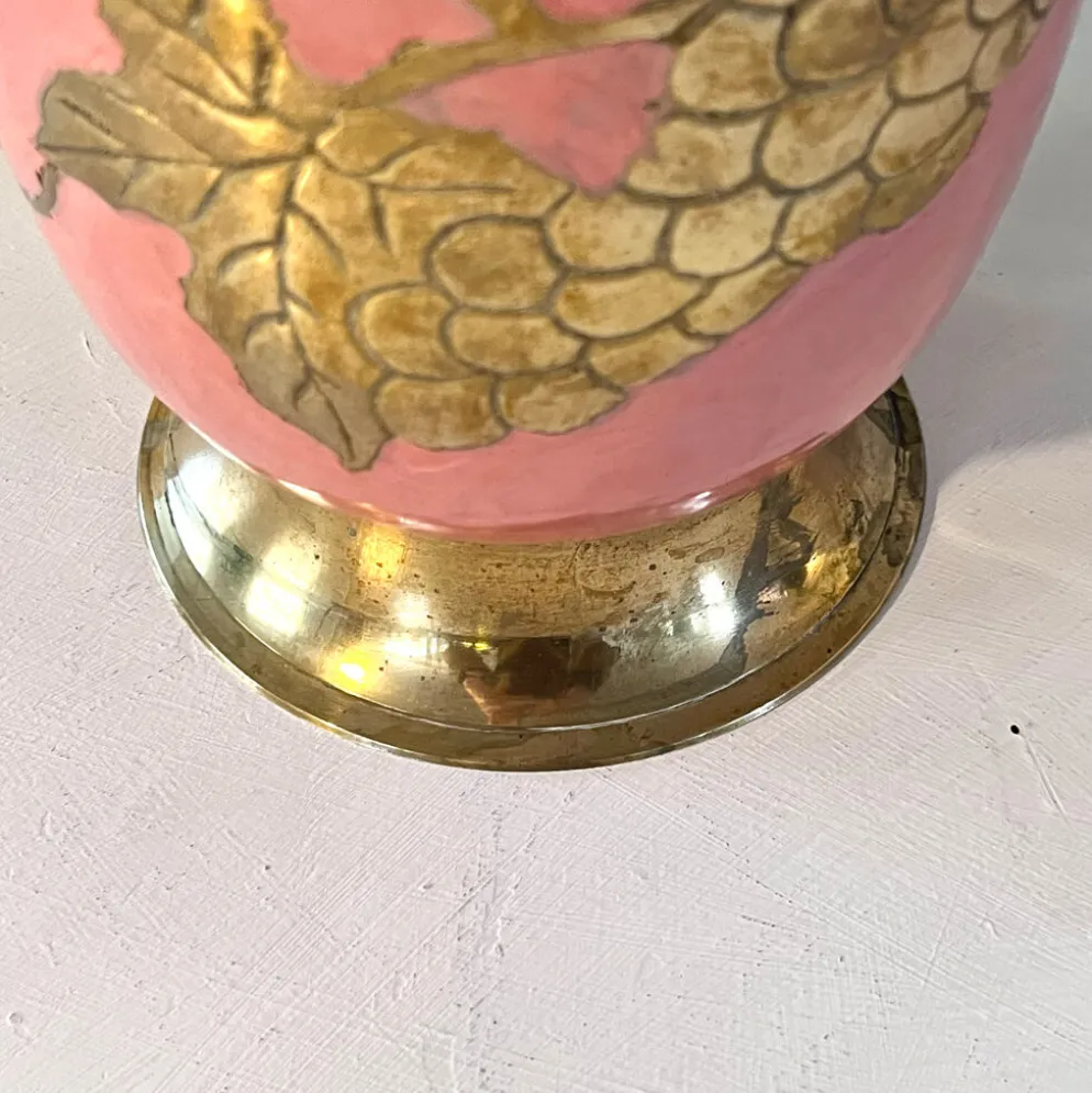 Seau à glace en émail – Vintage français rose doré vigne à raisin seau à champagne