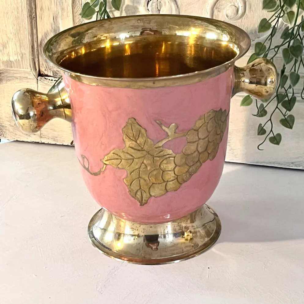Seau à glace en émail – Vintage français rose doré vigne à raisin seau à champagne