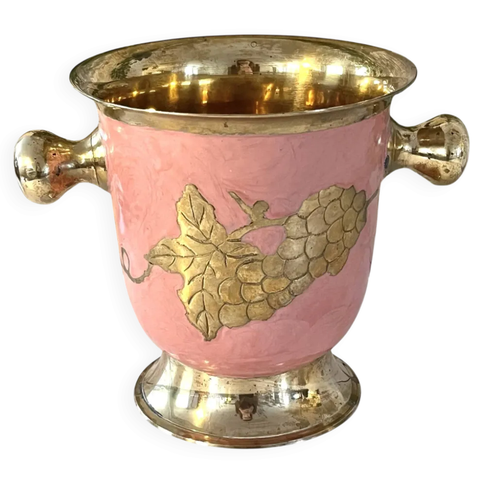 Seau à glace en émail – Vintage français rose doré vigne à raisin seau à champagne