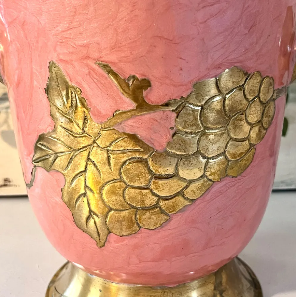 Seau à glace en émail – Vintage français rose doré vigne à raisin seau à champagne