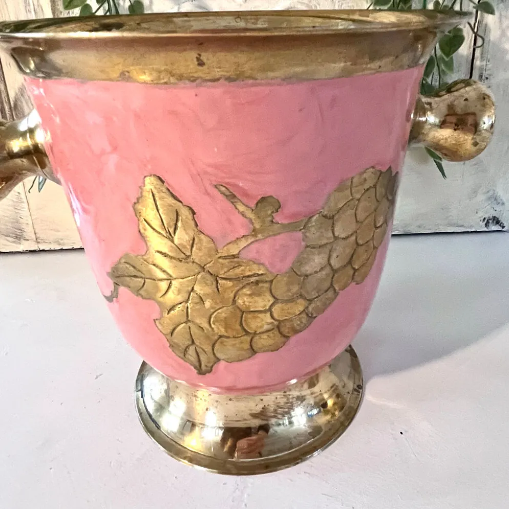 Seau à glace en émail – Vintage français rose doré vigne à raisin seau à champagne