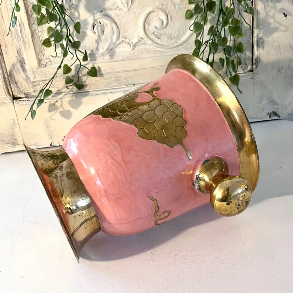 Seau à glace en émail – Vintage français rose doré vigne à raisin seau à champagne
