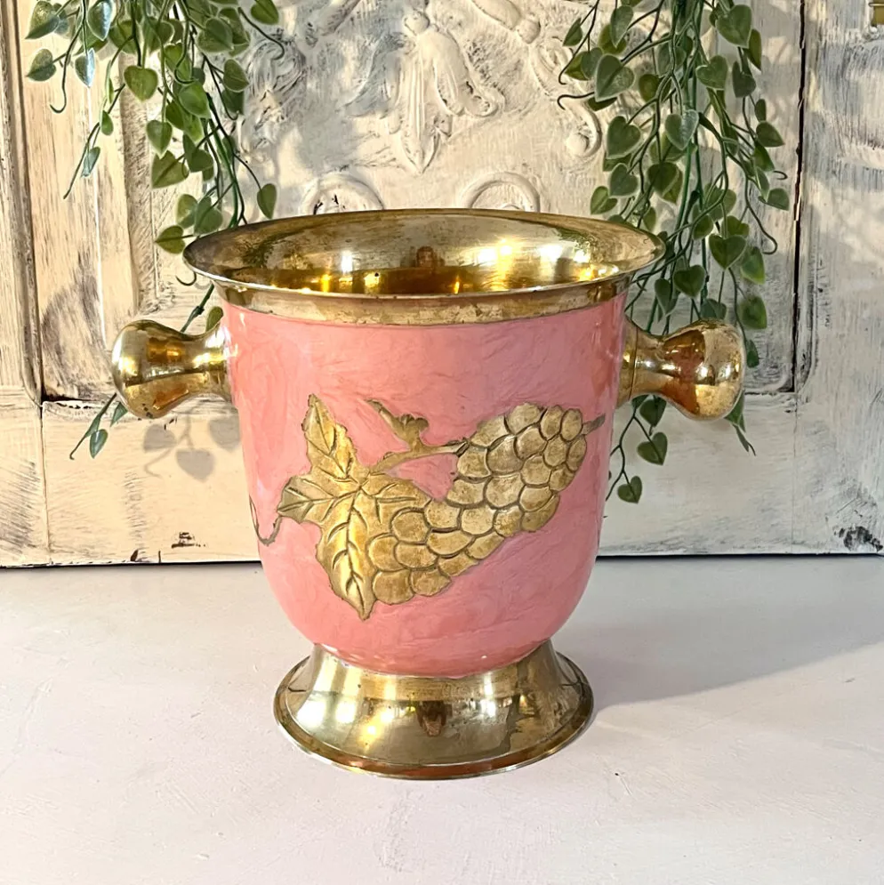 Seau à glace en émail – Vintage français rose doré vigne à raisin seau à champagne