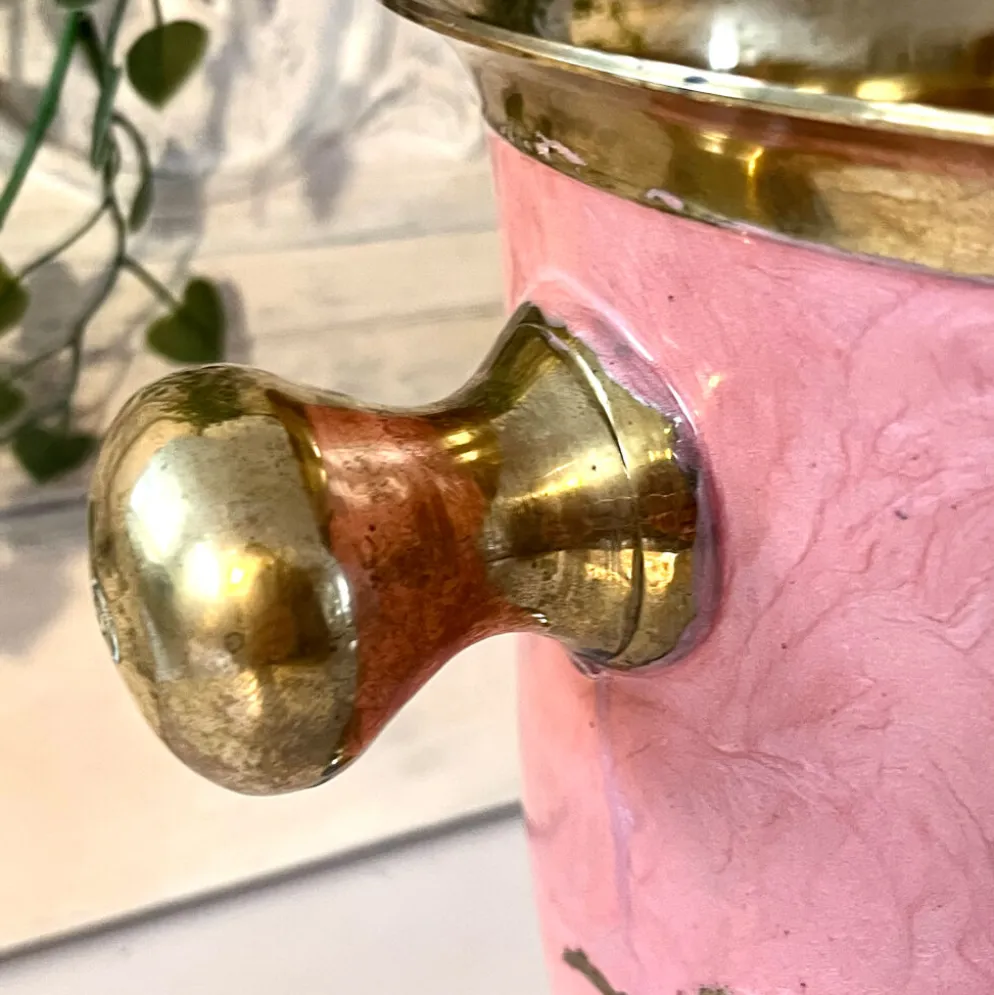 Seau à glace en émail – Vintage français rose doré vigne à raisin seau à champagne