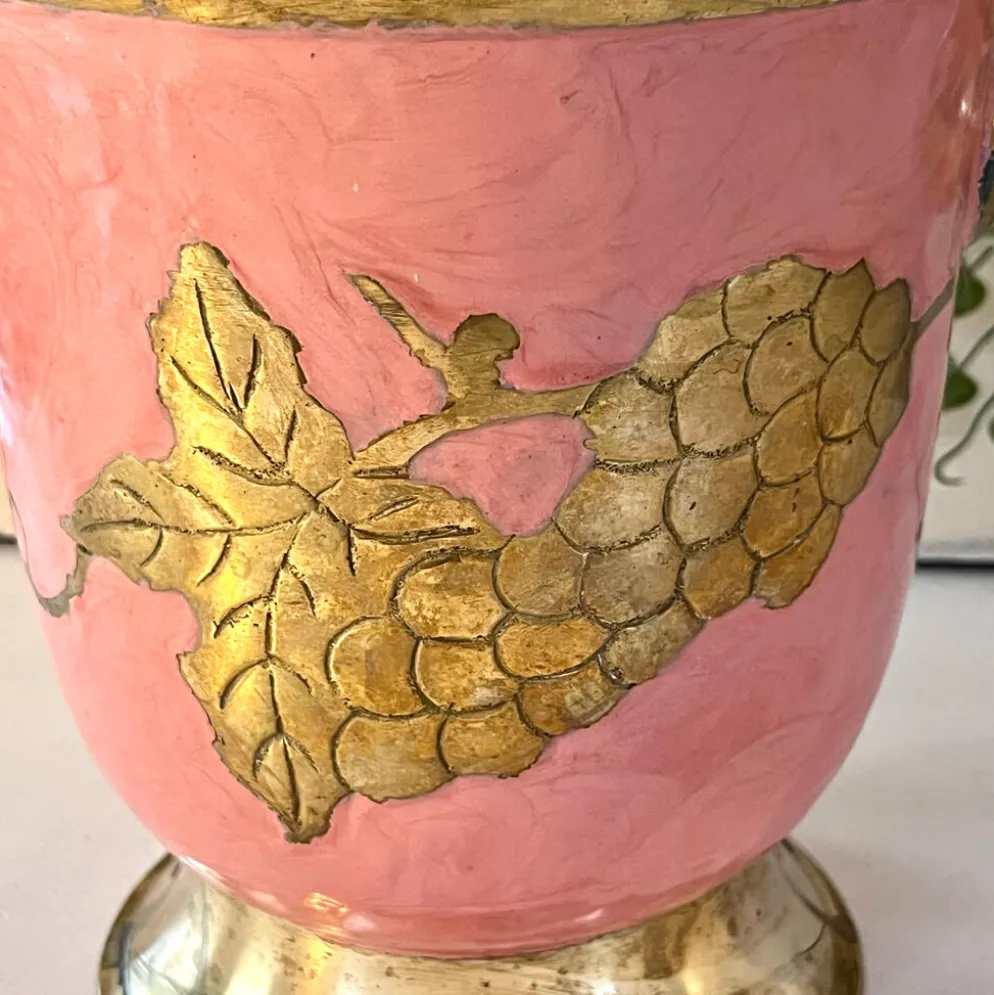 Seau à glace en émail – Vintage français rose doré vigne à raisin seau à champagne