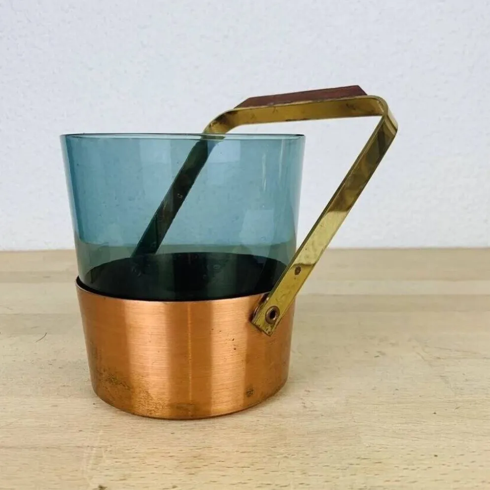 Seau à glace scandinave verre fumé et cuivre, vintage